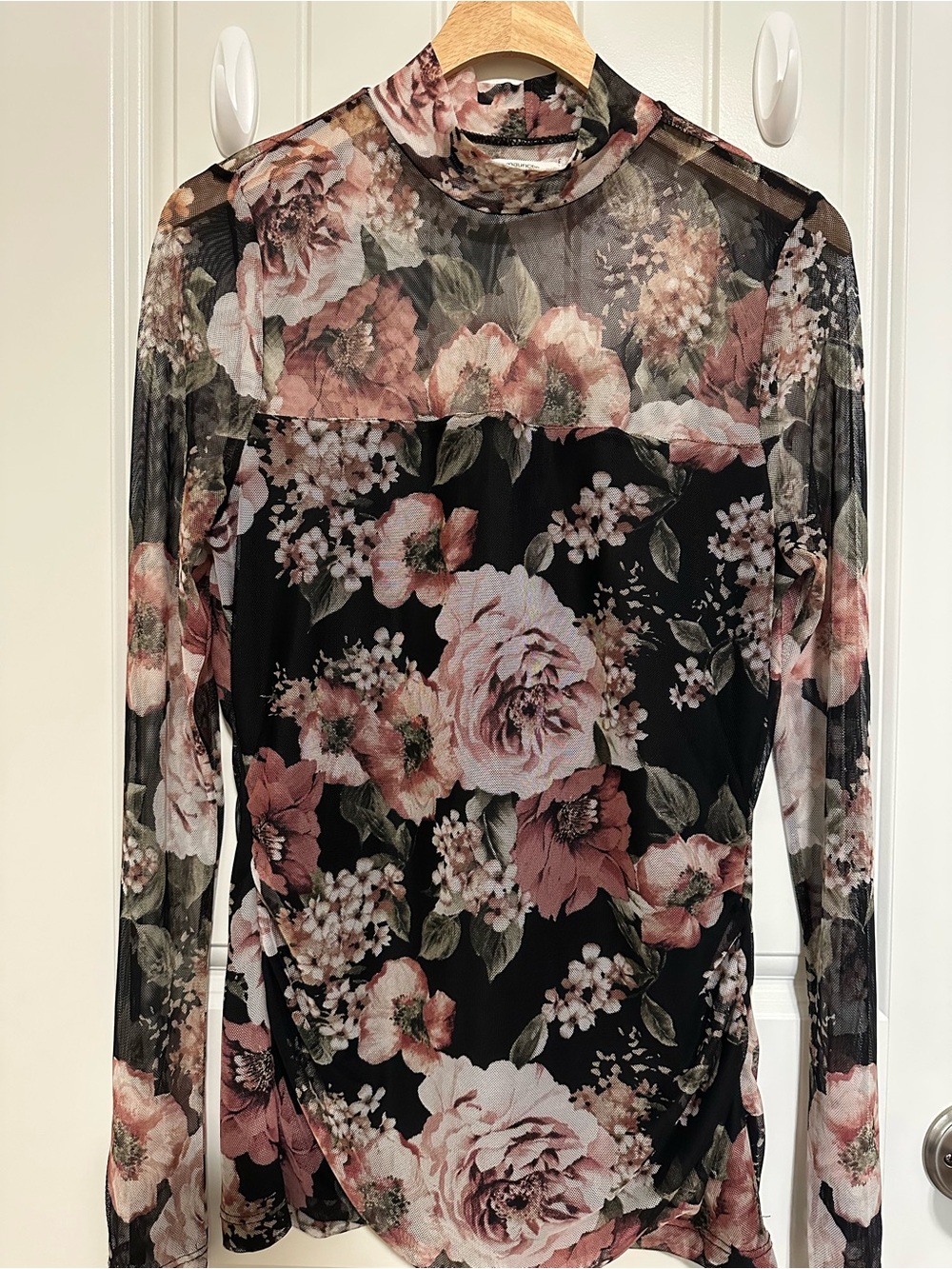 Maurices Black Mesh Long-Sleeve Dress with Pink Floral Print